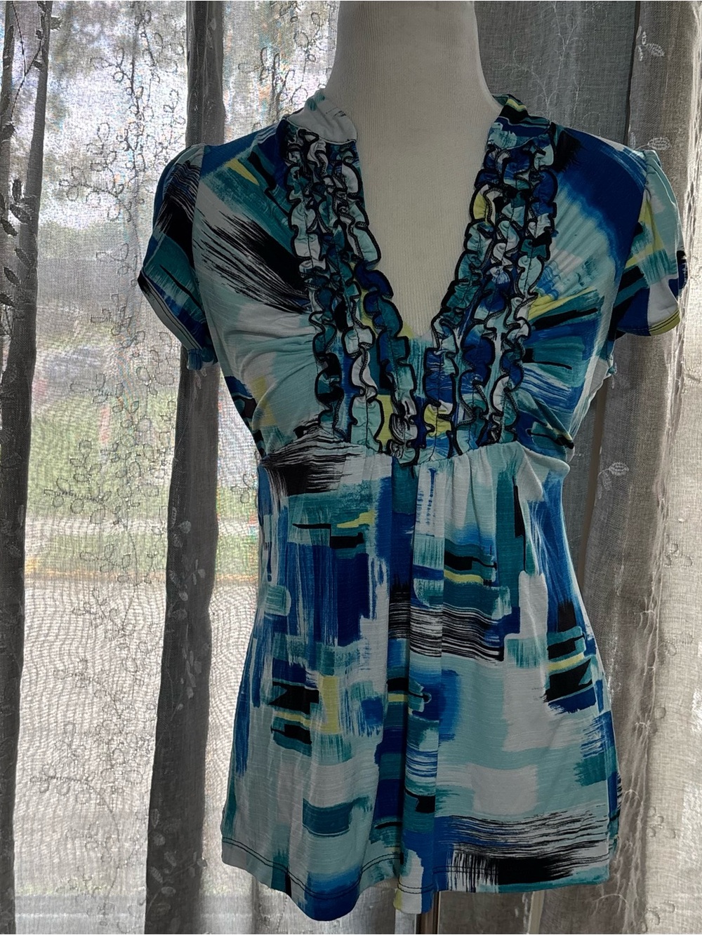 XOXO Blue Abstract Ruffle V-Neck Blouse